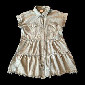 Entro Boho Western Green Denim Pearl Snap Buttons Tiered Dress L